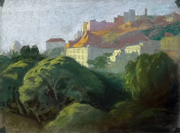 Tableau étude Pastel Ed. Pannetier (1884-1965) Ville et château