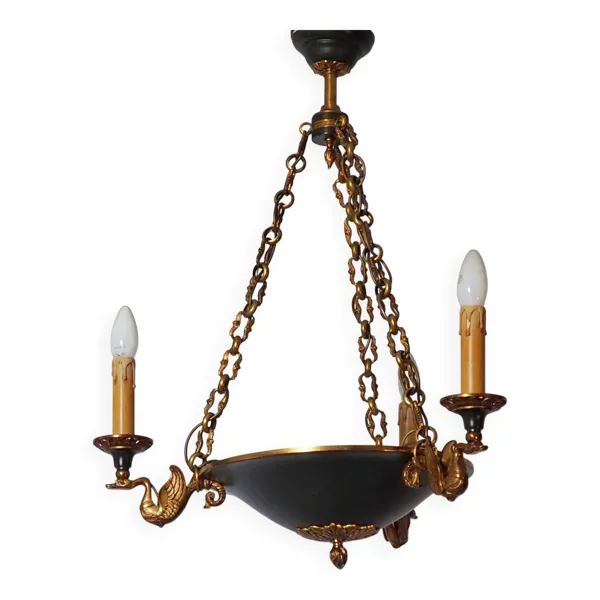Lucien Gau French Empire Bronze Chandelier: Swan Arms, Green Tole