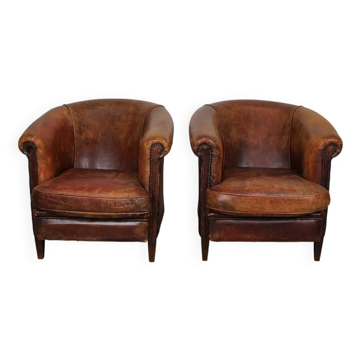 Fauteuil club vintage hollandais en cuir couleur cognac, lot de 2
