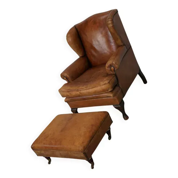 Fauteuil club vintage hollandais en cuir couleur cognac, avec repose-pieds