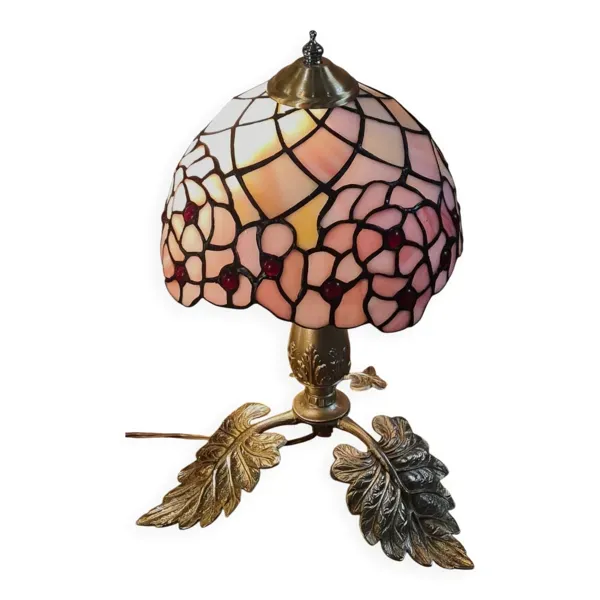 lampe bronze ancien pied feuille  et pate de verre vitrail  art nouveau