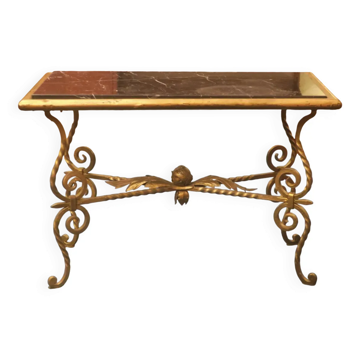 Table basse en fer forgé, plateau en marbre veiné, 1940-1950