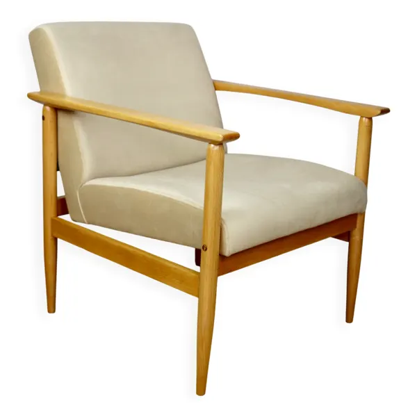 Fauteuil vintage Loft années 70 beige clair - tissu en velours - bois de hêtre naturel