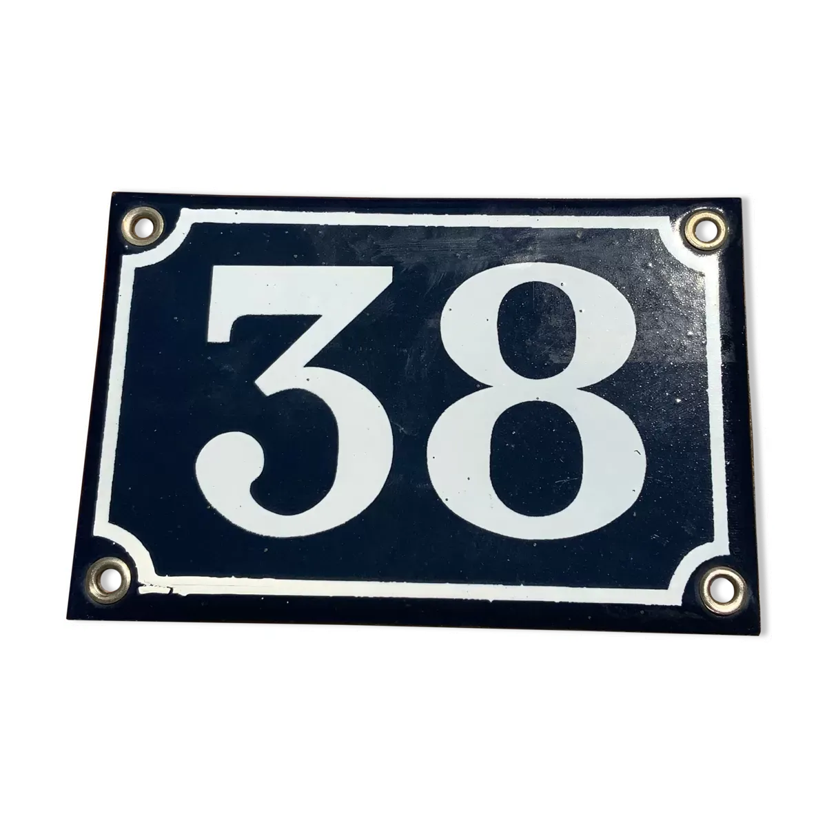 Plaque de rue en tôle émaillée bleue et blanche numéro 38