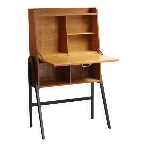 Secrétaire vintage années 60 en placage de chêne avec abattant