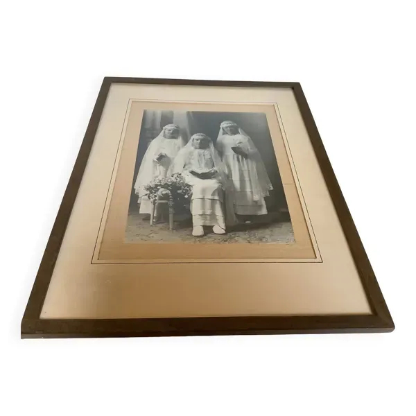 Grand cadre ancienne photographie trio de communiantes