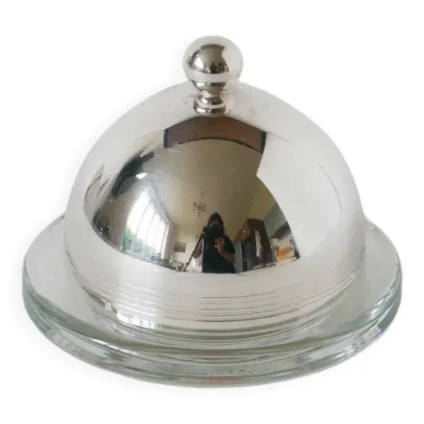 Beurrier en métal argenté et verre, St Hilaire, 1950
