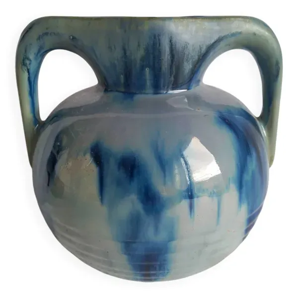 Vase à anses double pont, émail bleu coulé, Vallauris années 1960–1970