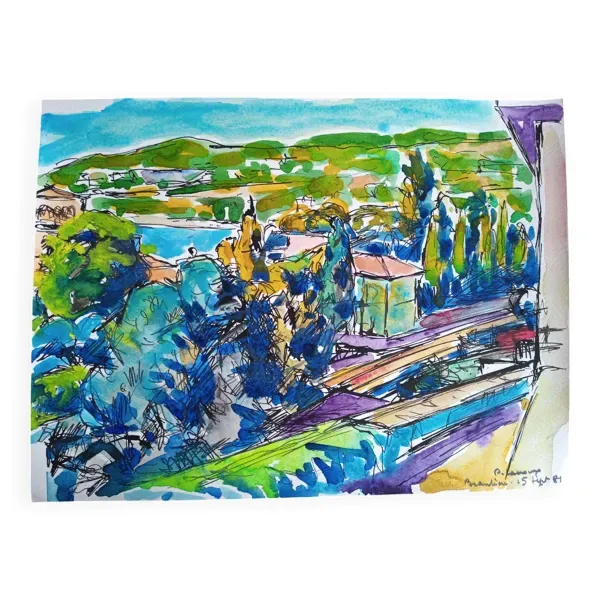 Gouache Beaulieu sur Mer 1981, Pierre Lacroux (1909- 1993)