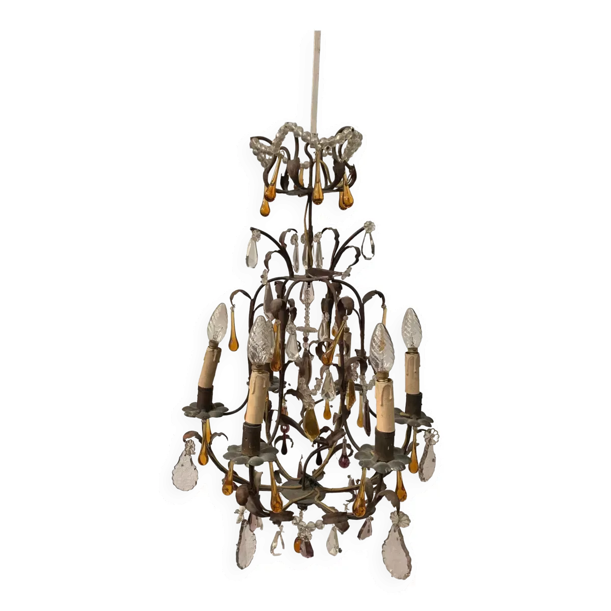 Lustre cage de style Louis XV a pendeloques et goutte d'eau XX siècle