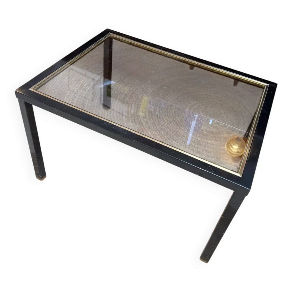 Table d’appoint verre et métal noir et or, 1970