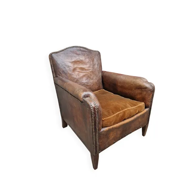Fauteuil club ancien en cuir patiné brun style anglais début XXe s