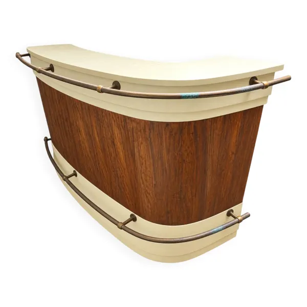 Bar comptoir arrondi bois et laiton avec plateau verre – 180 cm
