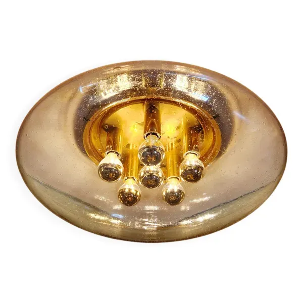 Plafonnier en laiton et verre soufflé bullé, Glasshütte Limburg, 1970