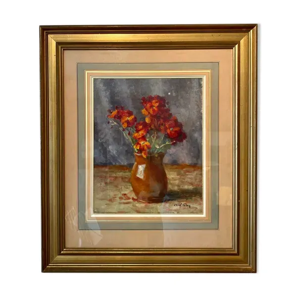 Tableau ancien, nature morte aux giroflées signée Abel Gay (1877-1961)