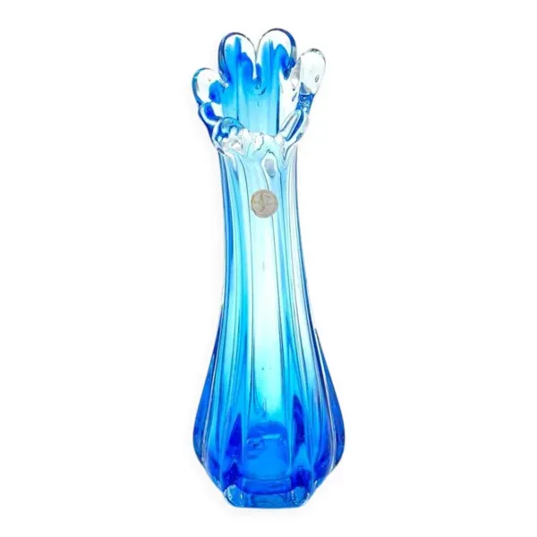 Vase Swing Sculptural – Verre Étiré Bleu Azur – Artisanat Coréen 1970