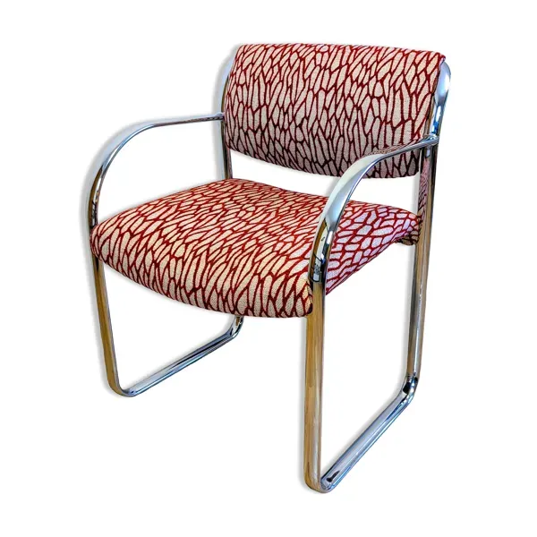 Fauteuil Strafor vintage en acier tubulaire chromé et tissu organique