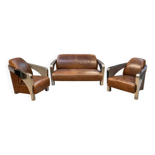 Lot de 3 éléments Stacyville, cuir et inox, 2 fauteuils et un sofa