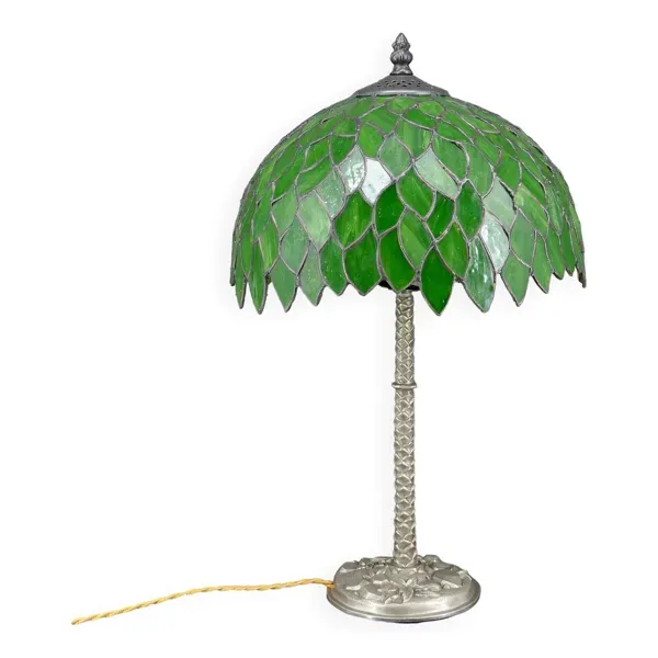 Lampe palmier en bronze argenté et abat-jour feuillage en vitrail vert, Art Nouveau, 1900