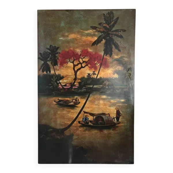 Coucher de soleil sur les jonques. École vietnamienne.