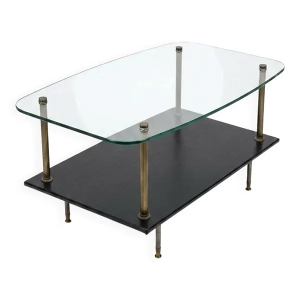 Table basse vintage des années 60 , verre skaï laiton