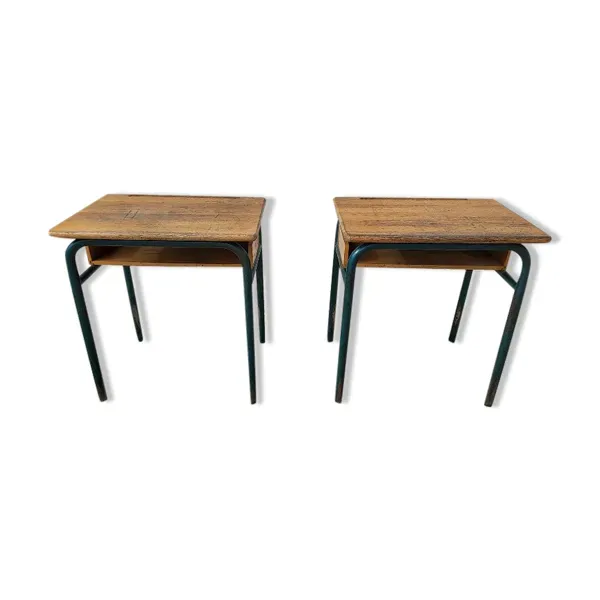 Paire de bureaux pupitres ecolier 1960 en metal et chêne