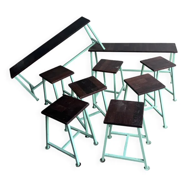 Bancs et tabourets industriels vintage, lot de 9, années 1950–1960