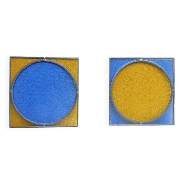 Paire de vitraux anciens bleu et jaune