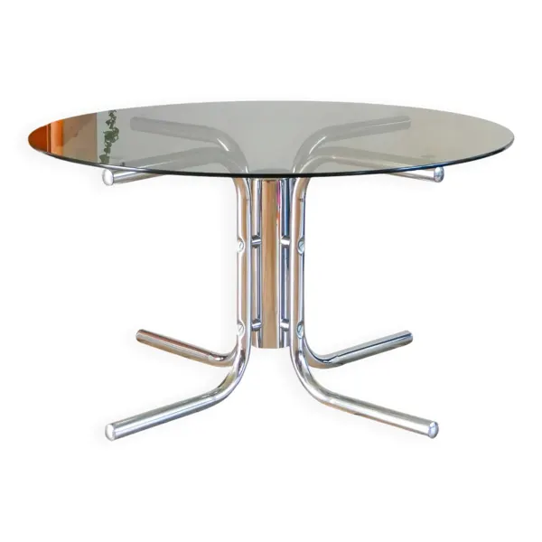 Table basse ronde en verre fumé et chrome, piètement étoile, design, 1970