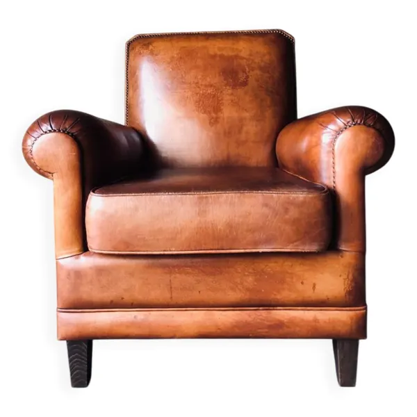 Fauteuil Club vintage en cuir « cognac »