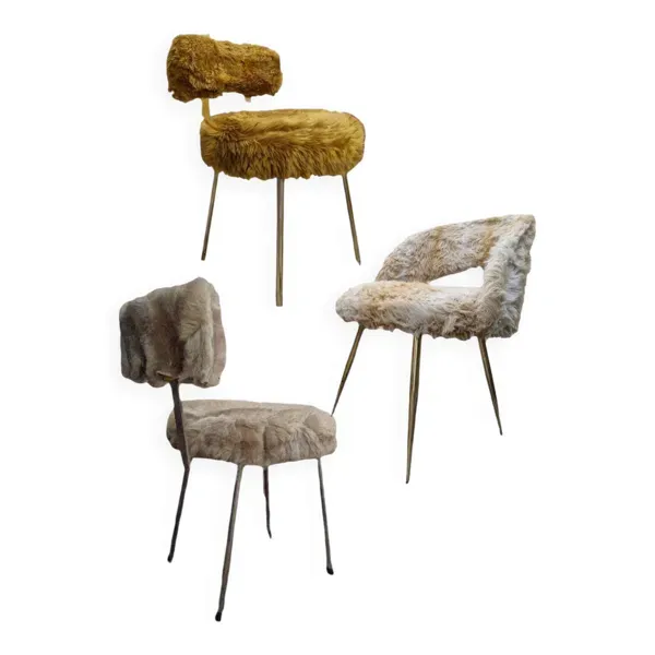 Set 3 Chaises Moumoutes 2 Pelfran, 1 Tonneau 1960-1970