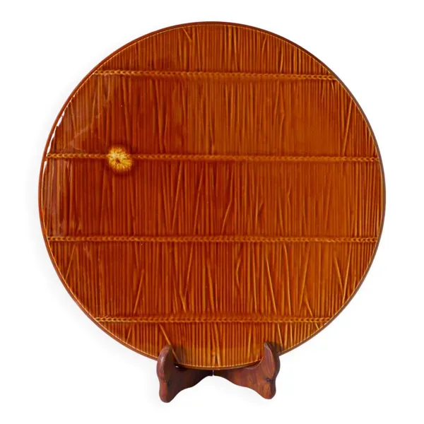 Plat à gâteau en gien barbotine effet roseau tressé 1960