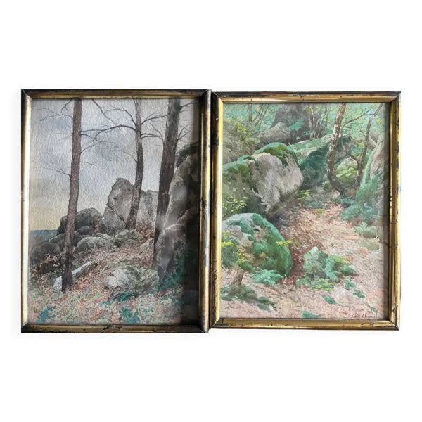 Tableau 2x Aquarelles Abel Chancel (1847-1917) école de Fontainebleau