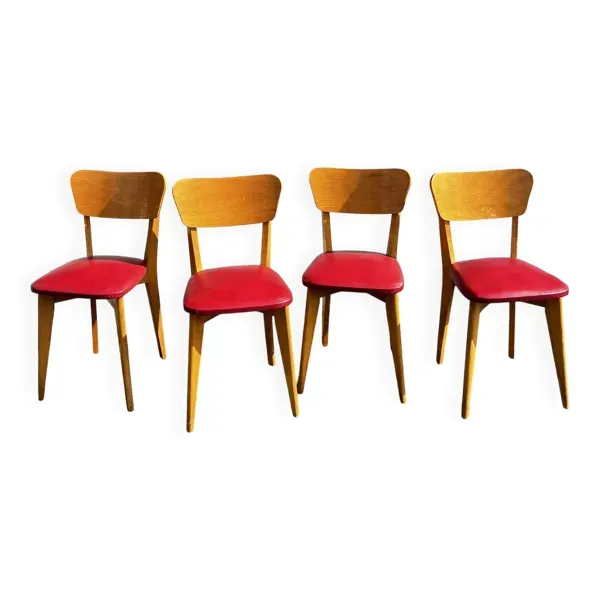 4 chaises bistrot vintage en bois et skaï rouge, pieds compas