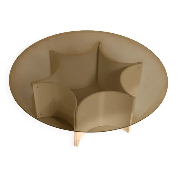 Table basse ''Space Age''en piètement étoile et plateau verre fumé 70's