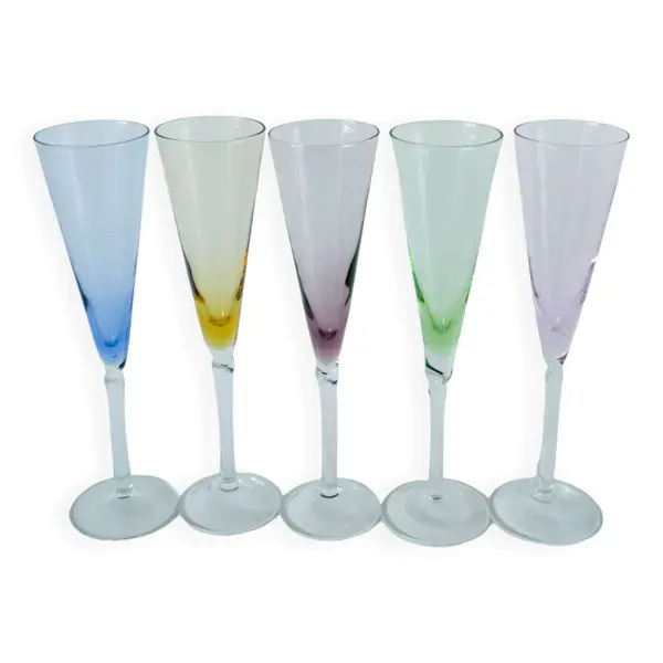 lot de 5 flûtes à champagne en verre coloré Design 1970
