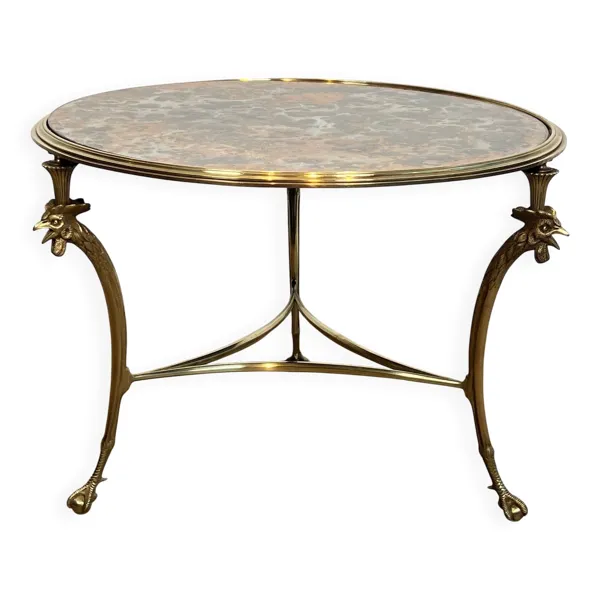 Table Basse Circulaire Tripode ''Aux Coqs'' en Bronze et Miroir Églomisé, Mai