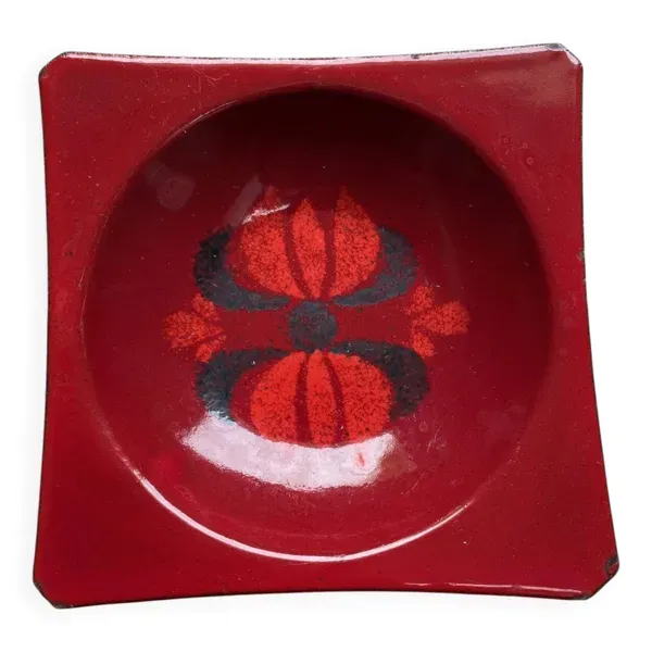 Cendrier vintage en tole emaillee tons rouge decor floral annees 60