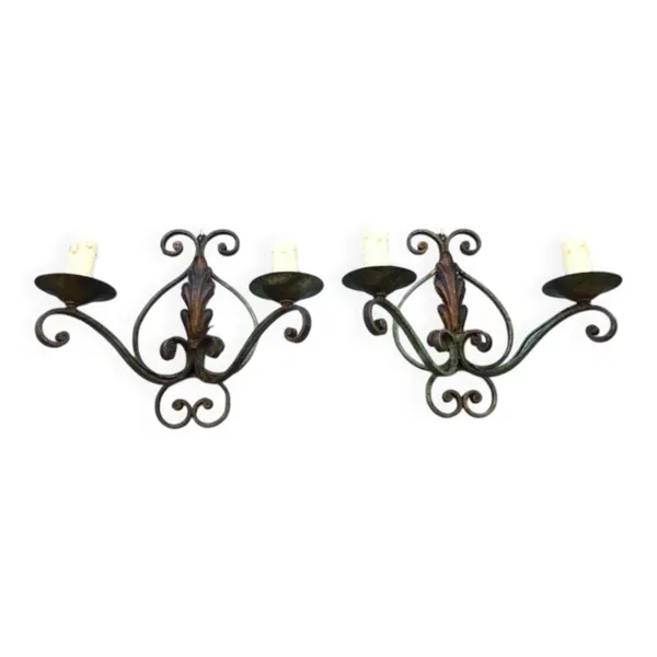Art Deco Wrought Iron Wall Sconces: French Tole Twin Arm Lights