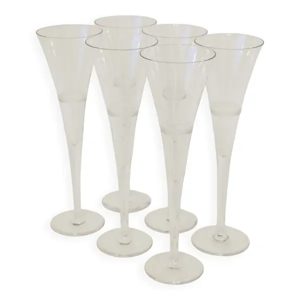 Ensemble de 6 flûtes à champagne en cristal gravé, Fait Main, 1960