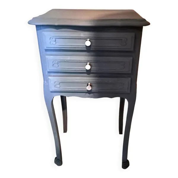 Table de chevet 1950 en bois peint coloris gris trench rénovée 3 tiroirs