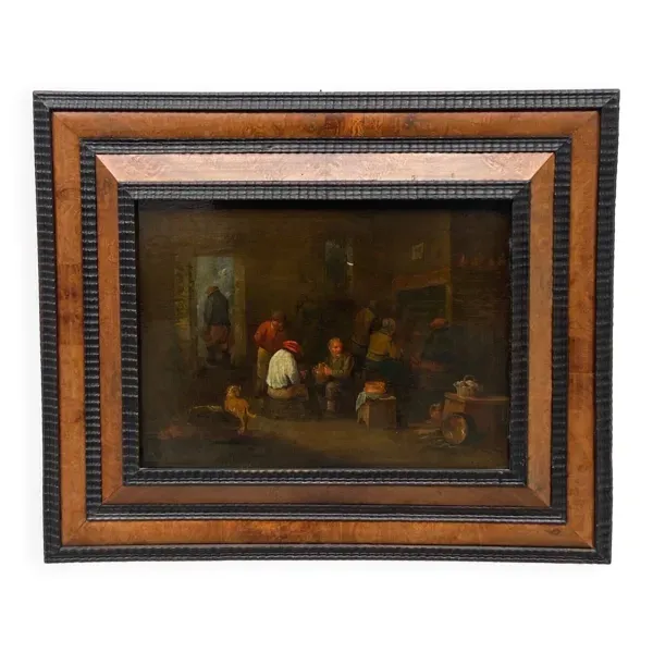 Huile sur panneau scène d'intérieur hollandais école flamande XIXe