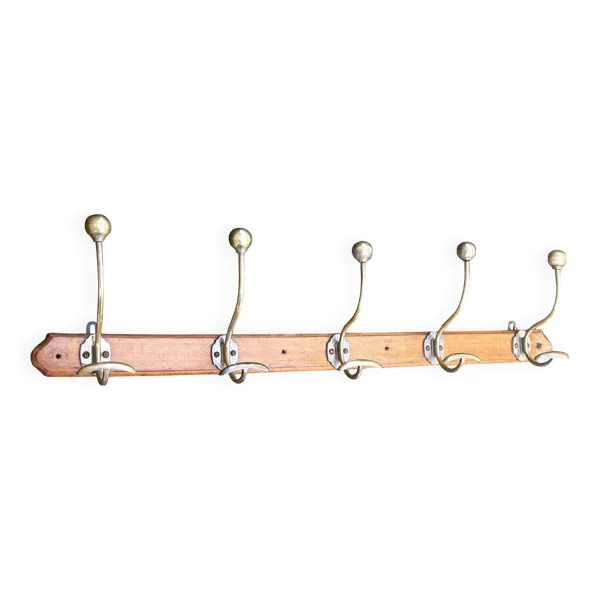 Grand porte-manteau mural vintage 5 patères en laiton et bois – bistrot