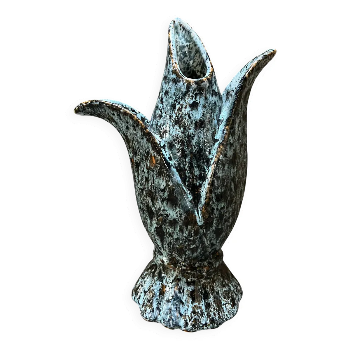 Vase tulipe vintage en céramique émaillée bleu-vert, forme florale stylisée
