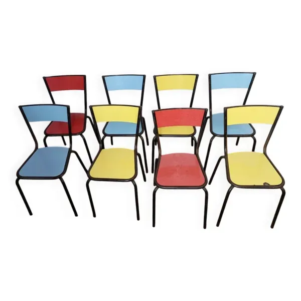8 chaises de cantine formica jaune bleu rouge tubulure métal années 50-60