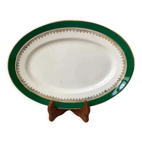 Plat oval Digoin Sarreguemines modèle ''Martine'' vertes et dorées années 50