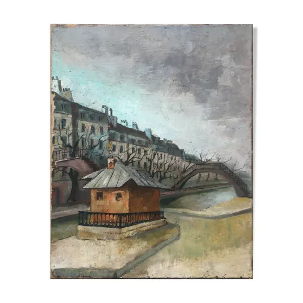 Tableau hst ''ecluse du canal st martin'' paris vers 1950 - ecole de paris