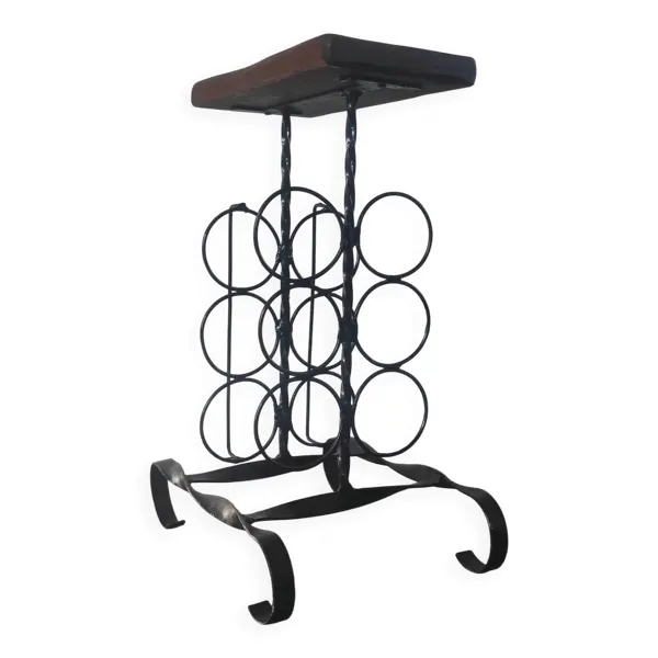 Table d'appoint, porte-bouteilles brutaliste en fer forgé et bois mass