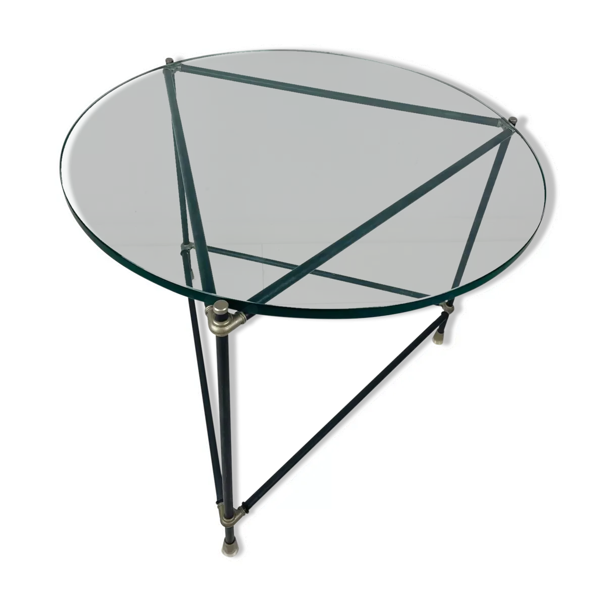 Table d'appoint ronde vintage. Table basse ronde en verre épais. Table de design industriel robuste.