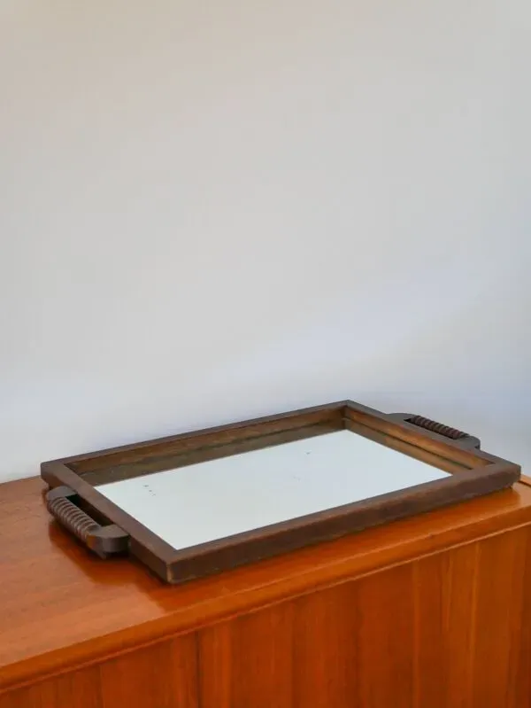 Grand plateau miroir en bois, poignées en bois tourné, 1940
